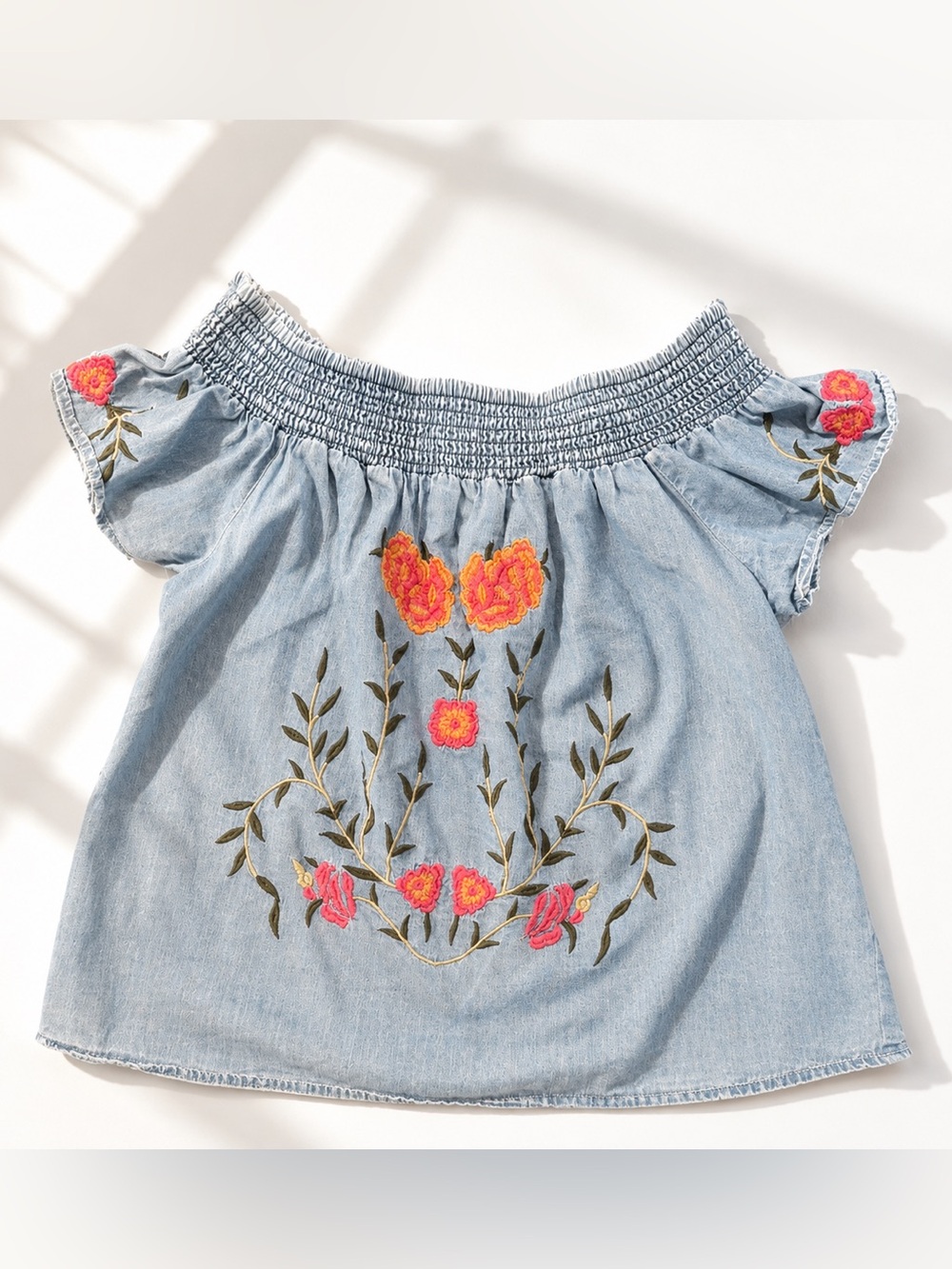 Francesca Floral Embroidered Women’s Chambray Top - Blue